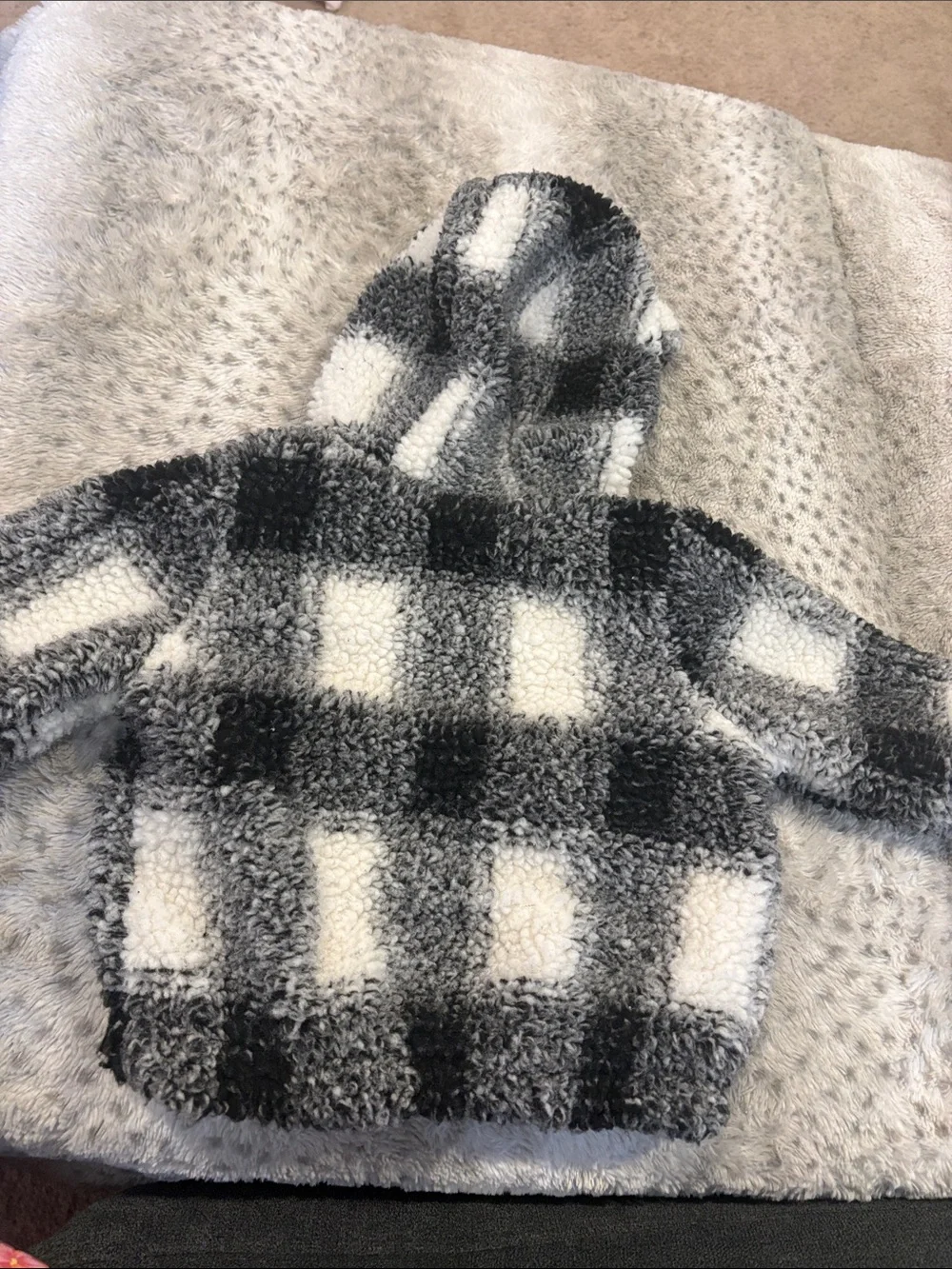 Black & White Plaid Sherpa Hooded Jacket for Kids